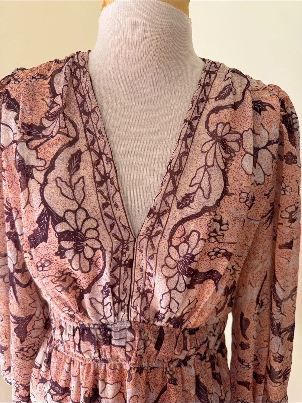 OPT Size L v neck floral boho long smocked sleeve mini dress